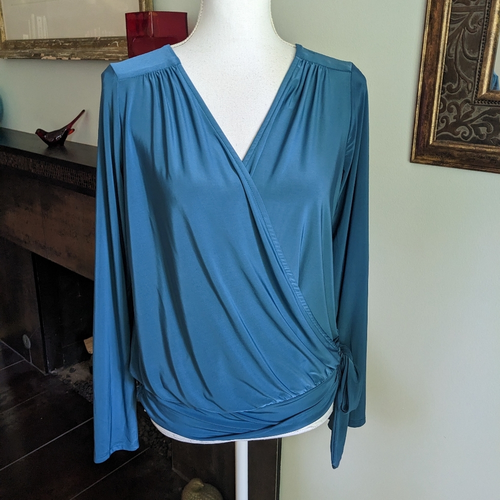 Venus Catalog Women's Medium Teal Blue Blouse Wrap Style Blouse Top Bottom Tie 9